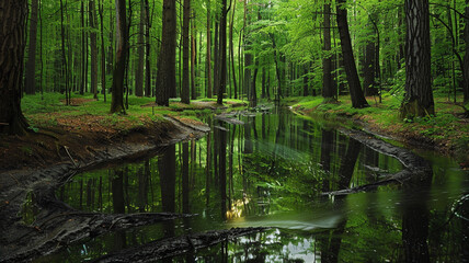 Obraz premium a forest with a winding river reflecting the surrounding trees