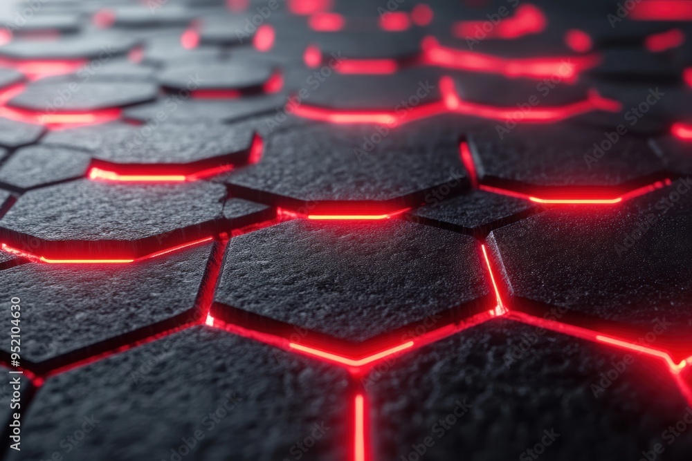Poster 3d render of hexagon shaped tiles with red neon lights on dark background