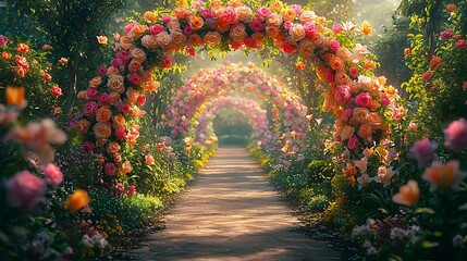 A rose archway creates a floral entrance to a romantic, sunlit garden path.