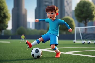 3D Animated Cartoon Boy Kicking Soccer Ball in Dynamic Play