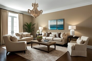 Fototapeta premium Chic Beige Living Room Design Featuring Dining Table and Comfortable Furniture Choices