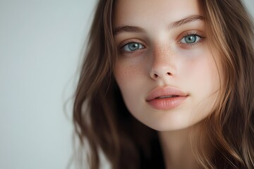 Fototapeta premium Striking Poise and Ethereal Beauty - Captivating Feminine Portrait of a Serene Young Woman