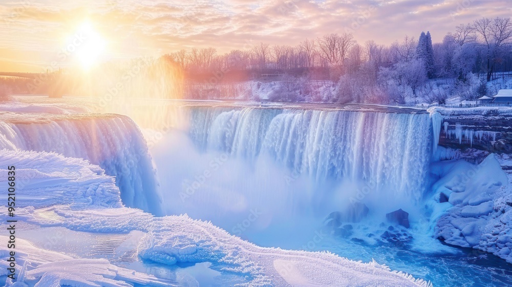 Poster create a mesmerizing scene of niagara falls in winter, with sunlight reflecting off the frozen water