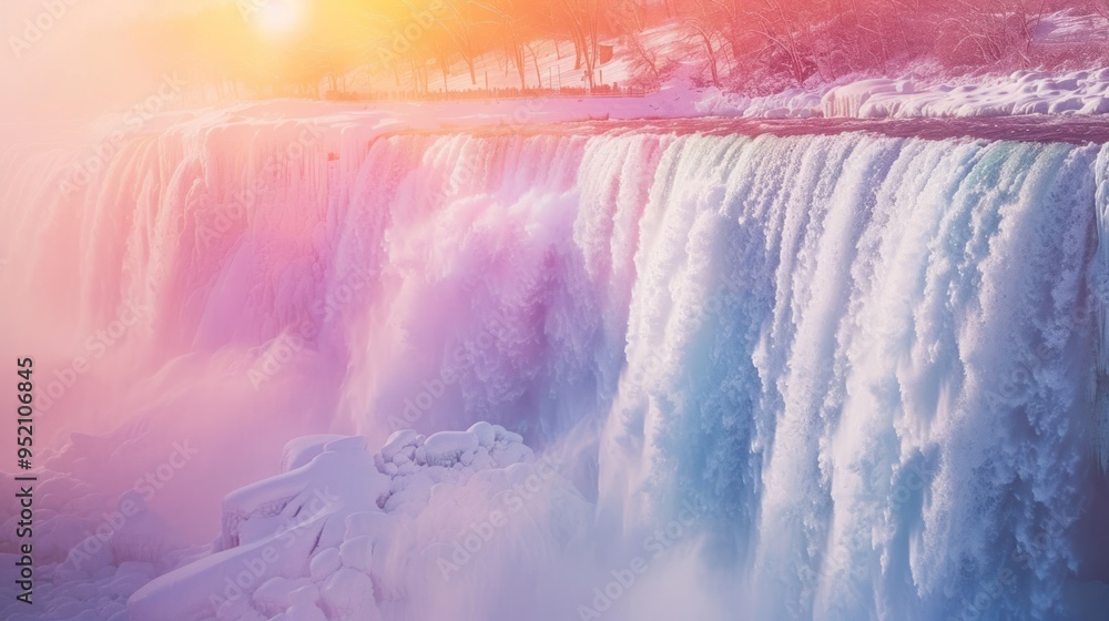 Poster create a mesmerizing scene of niagara falls in winter, with sunlight reflecting off the frozen water
