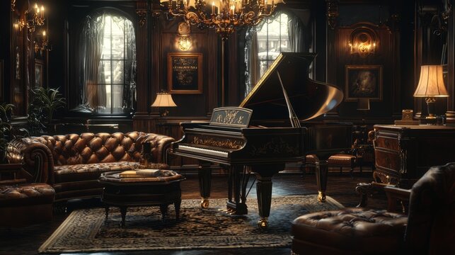 Steam-powered automaton playing a piano in a Victorian parlor
