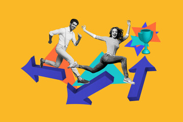 Creative collage picture young man woman competition challenge achieve goal leadership prize winner celebrate victory award
