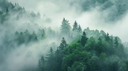Misty treetops peeking above a sea of fog in a tranquil valley
