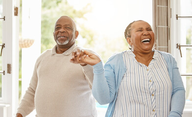 Black couple, retirement and dance in home for love, happiness and trust in relationship. Elderly...