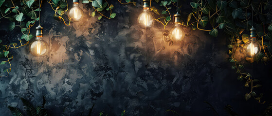 Fototapeta premium Mock up with glowing string lightning, lamp bulbs, garland, green leaves, foliage on dark textured background with golden shimmer. Illumination background with lights effect. Generative ai.