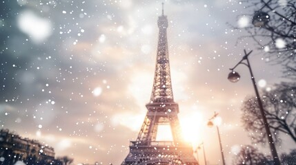 The Eiffel Tower, its silhouette outlined against a soft white sky, casts long, dramatic shadows as snowflakes dance around its iron frame.
