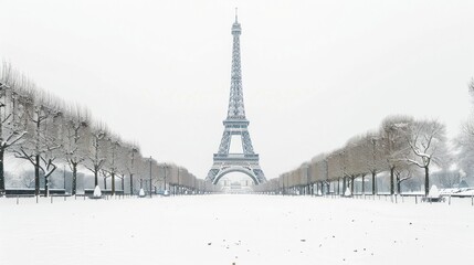 The Eiffel Tower, snow-dusted and majestic, rises against a pristine white backdrop, capturing the essence of a Parisian winter wonderland.