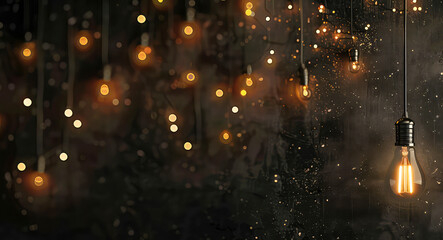 Obraz premium Mock up with glowing string lightning, lamp bulbs, garland on dark textured background with golden shimmer. Illumination background with lights effect. Loft. Copy space. Generative ai.