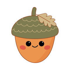 Cute Smiling Acorn with Leaf Character for Autumn Decor, Children's Products, and Seasonal Designs.