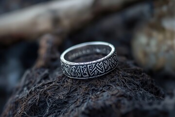 Silver Ring with Ornate Design on Dark Background.