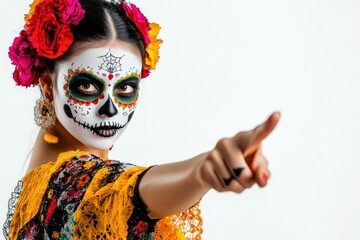 Woman with Day of the Dead Makeup and Flower Crown Points with Finger