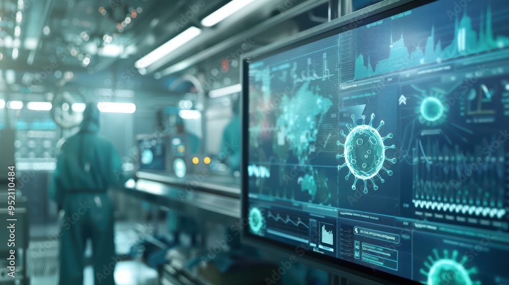 Poster a futuristic laboratory showcasing advanced technology with medical data displays and a focused prac