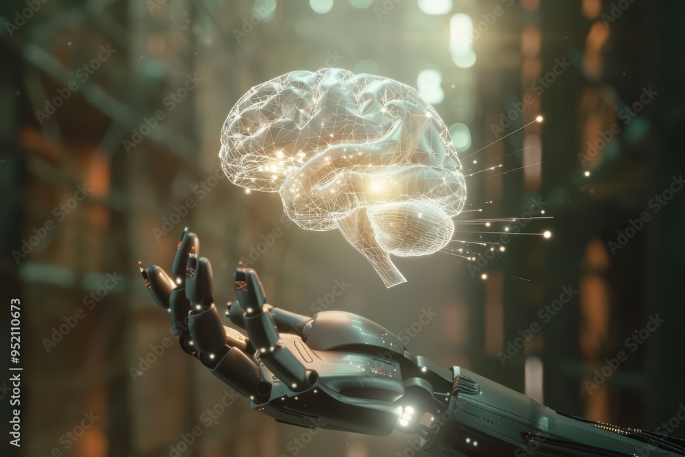 Poster a futuristic robot hand holds a glowing human brain, symbolizing advanced technology and artificial 