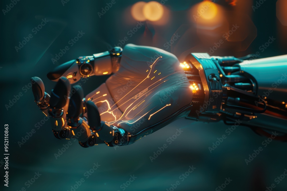 Poster a futuristic robotic hand with intricate circuitry and glowing elements, showcasing advanced technol
