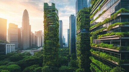 Obraz premium Futuristic cityscape with green rooftop buildings skyscraper