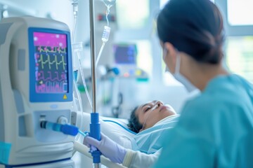 A healthcare professional monitors a patient in a hospital room with advanced medical equipment.