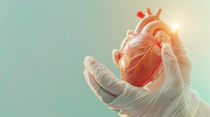 A human heart held in gloved hands, symbolizing medical care, anatomy, and the essence of life and vitality.