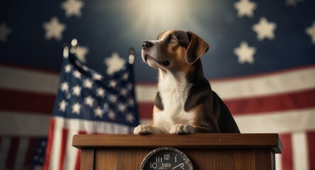 A dog giving a speech at a pulpit during an election day campaign, asking for votes, with a blurred bokeh American flag background