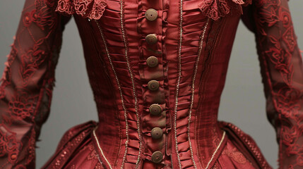 Obraz premium Close-up of the bodice of a red dress, with buttons running down the front and intricate seam work.