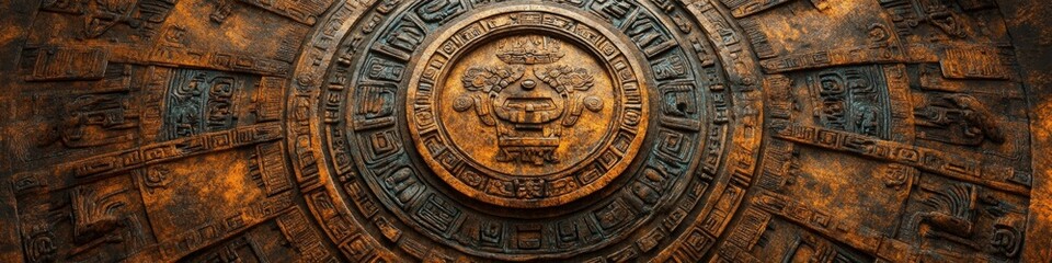 Naklejka premium Ancient Wisdom Meets Modern Design: Aztec Calendar Inspired Abstract Art. Vibrant Watercolor Texture in Red and Blue for Cultural Marketing, T-Shirt Prints, and 2025 Spiritual Concepts. Minimalist Com