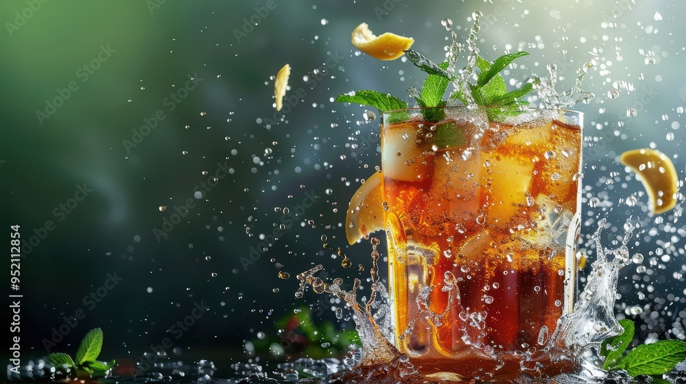 Poster a refreshing drink splashes with ice and mint, capturing the essence of summer in a vibrant and dyna