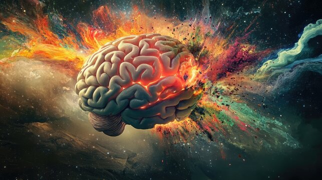 Concept art of a human brain exploding with knowledge and creativity 