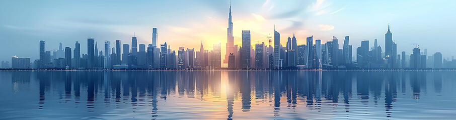 Obraz premium wide skyscrapers building facade of high rise landmark city buildings illustration with its reflection on water front surface in white background