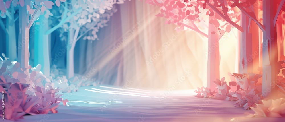 Poster a serene forest landscape with colorful trees and soft light beams creating a tranquil atmosphere fo