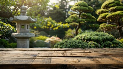 A serene garden scene featuring lush greenery, a stone lantern, and a wooden surface, ideal for tranquil backgrounds and designs.