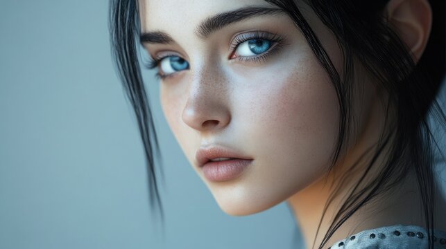 Beautiful young woman with black hair. Fashion model looking at camera. Sexy model with beautiful blue eyes