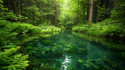 a peaceful forest glade with a crystal-clear pond surrounded by lush greenery