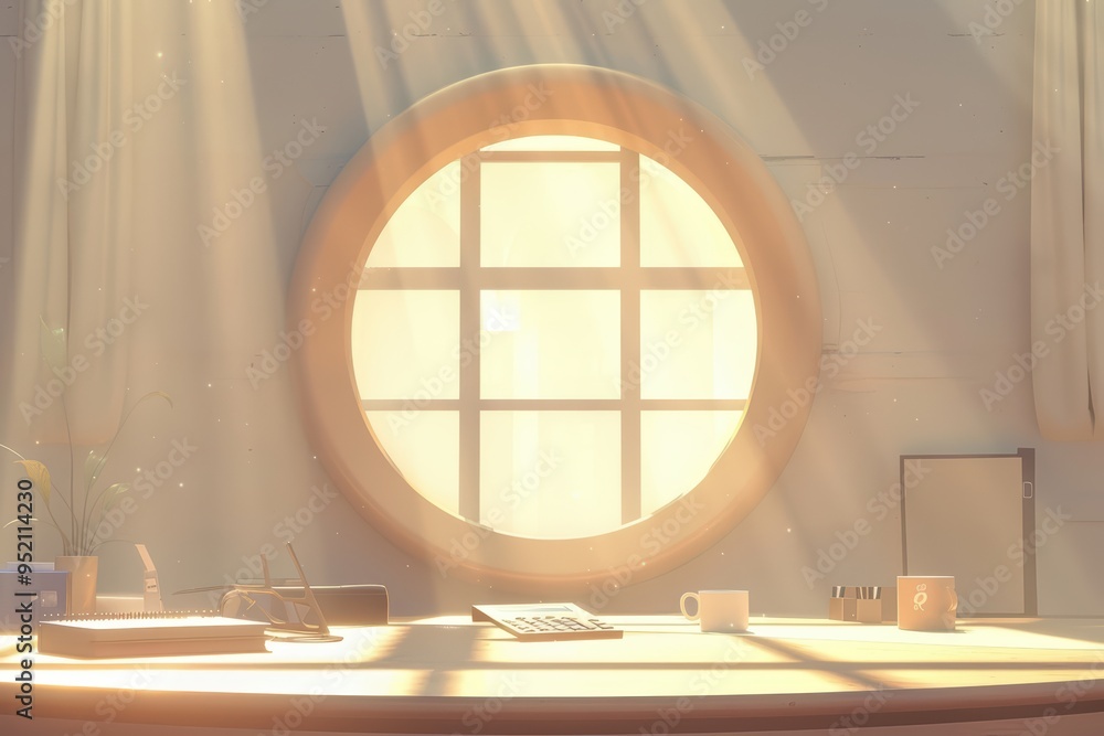 Poster A serene workspace with gentle sunlight streaming through a round window, creating a peaceful and inviting atmosphere.