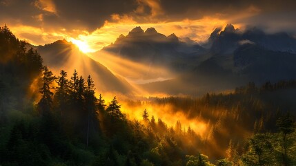 Breathtaking Mountain Landscape with Glowing Sunset Sky and Misty Evergreen Forests