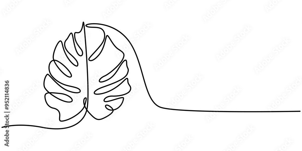 Poster continuous line drawing of monstera esqueleto leaf with editable stroke, continuous line drawing of 