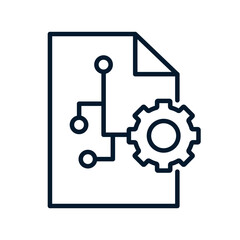 Document, gear, circles, lines. The concept represents a multifunctional technology for processing, structuring and integrating data. Vector icon isolated on white background.