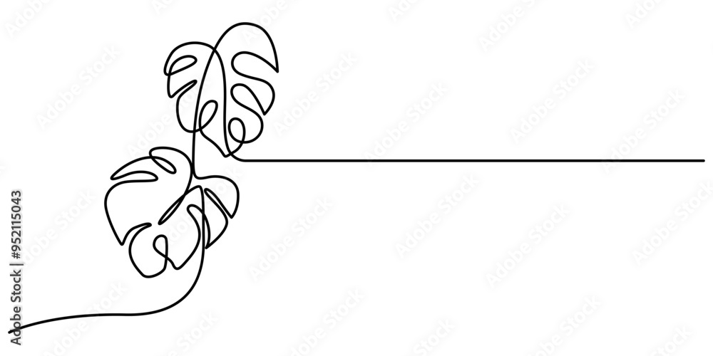 Poster continuous line drawing of monstera esqueleto leaf with editable stroke, continuous line drawing of 