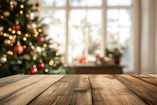 Wooden table against blurry Christmas tree and living room background