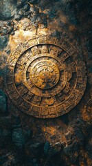 Ancient Wisdom Meets Modern Design: Aztec Calendar Inspired Abstract Art. Vibrant Watercolor Texture in Red and Blue for Cultural Marketing, T-Shirt Prints, and 2025 Spiritual Concepts. Minimalist Com