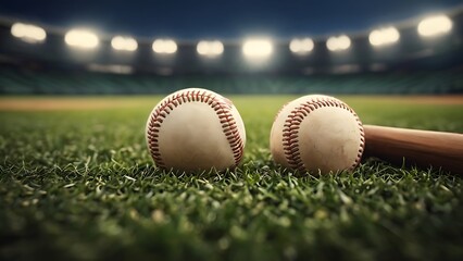 Baseball ball on green pitch field at brightly outdoor stadium background