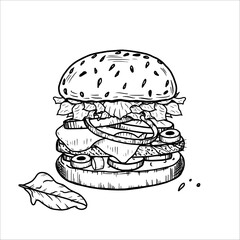 Fresh tasty burger. Vetor hand drawn illustration