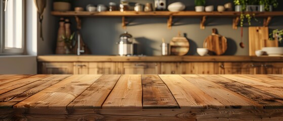 A warm and inviting kitchen scene featuring a wooden countertop and rustic decor, perfect for culinary inspiration.