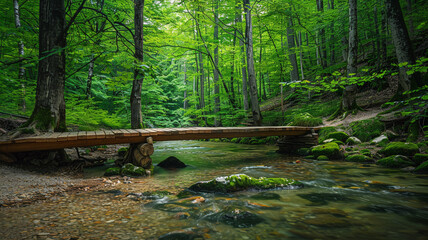 Naklejka premium a peaceful forest with a wooden footbridge crossing a clear stream