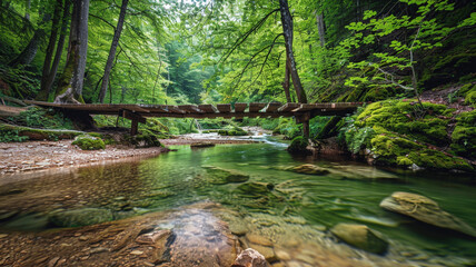 a peaceful forest with a wooden footbridge crossing a clear stream