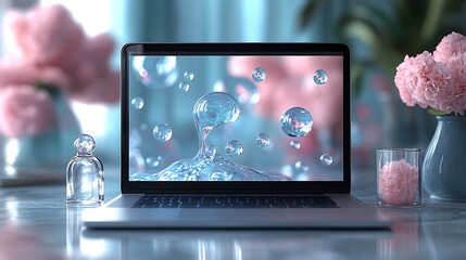 Fototapeta premium Laptop with water drops on the screen, pink flowers and glass objects on the table.