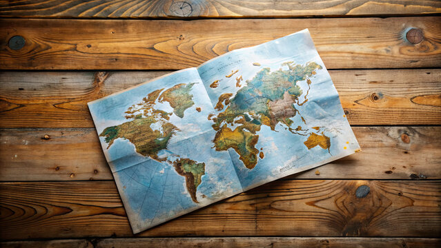 A world map is laid out on a rustic wooden table, showcasing a vivid representation of continents and oceans, illuminated by natural light