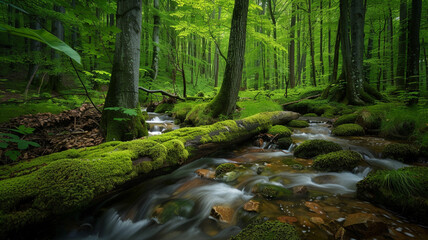 Obraz premium a serene forest with a mossy log crossing a bubbling brook